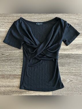 Dabagirl Short Sleeve Top Twist Front Detail Sheer Back V Neck Black Korean XS/S